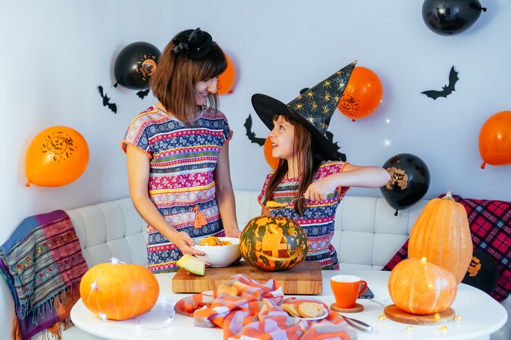 Moeder en dochter hebben plezier met het schoonmaken van de binnenkant van de pompoen om een jack o lantern te maken voor Halloween