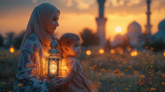 Foto moeder en dochter houden een ramadan lantaarn achteruit tegen de achtergrond