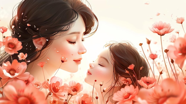 Moeder en dochter in een veld van bloemen Gelukkige Moederdag