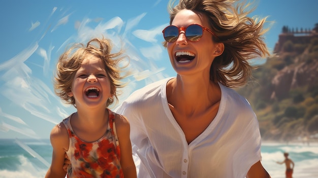 moeder en dochter lachen aan zee