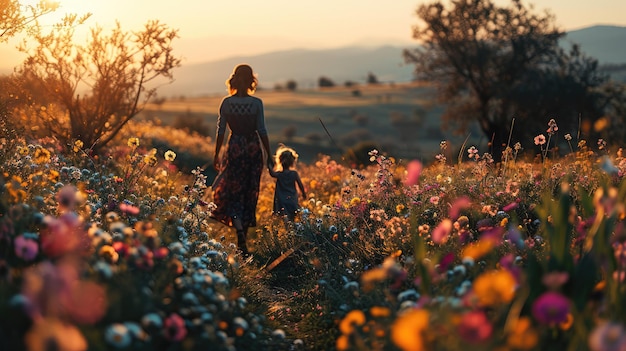 Moeder en dochter lopen samen in een prachtig bloemenveld bij zonsondergang in prachtige jurken.