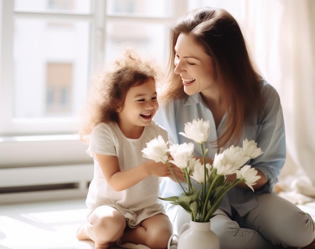 Moeder en dochter met bloemen.