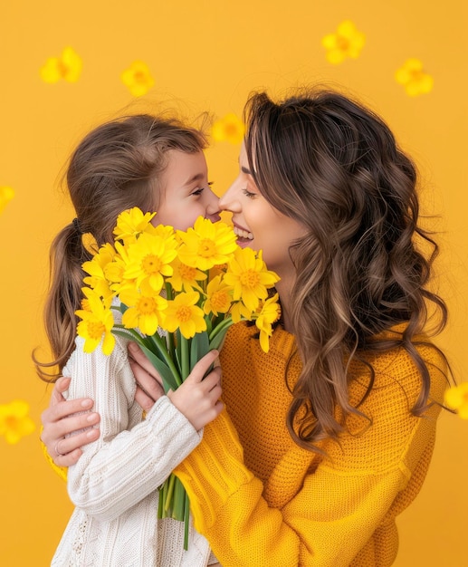 Moeder en dochter met gele bloemen Moederdag concept