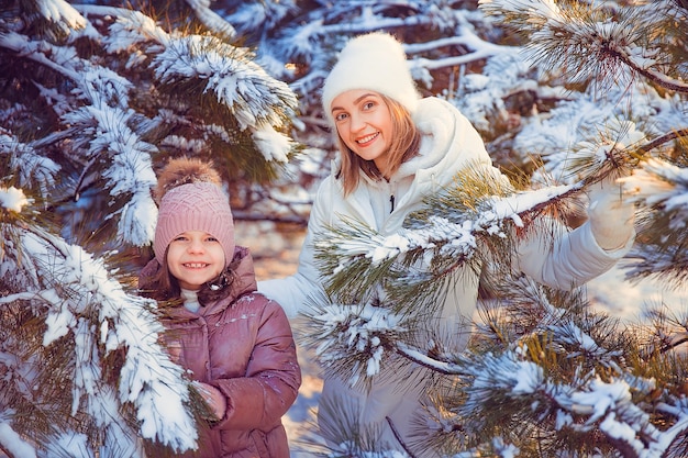 Moeder en dochter met plezier in het winterpark.