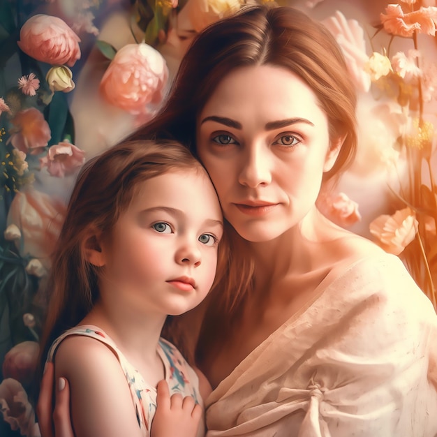 Moeder en dochter op bloemenachtergrond