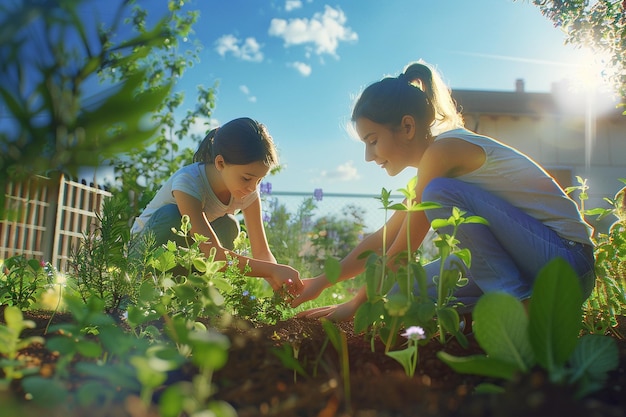 Moeder en dochter planten een kruidentuin op een su