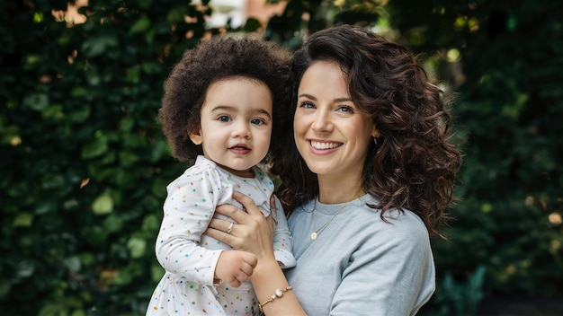 moeder en dochter poseren voor een foto buiten