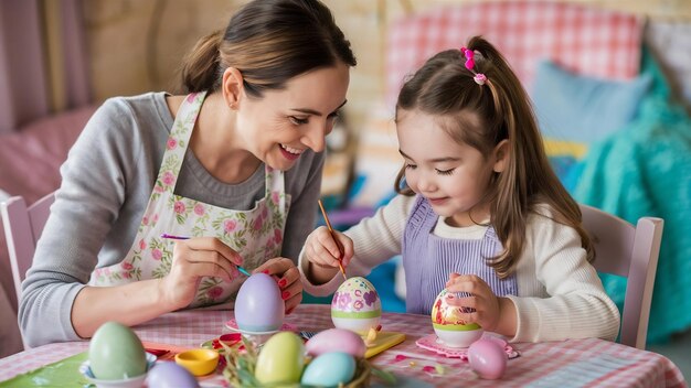 Moeder en dochter schilderen eieren voor Pasen