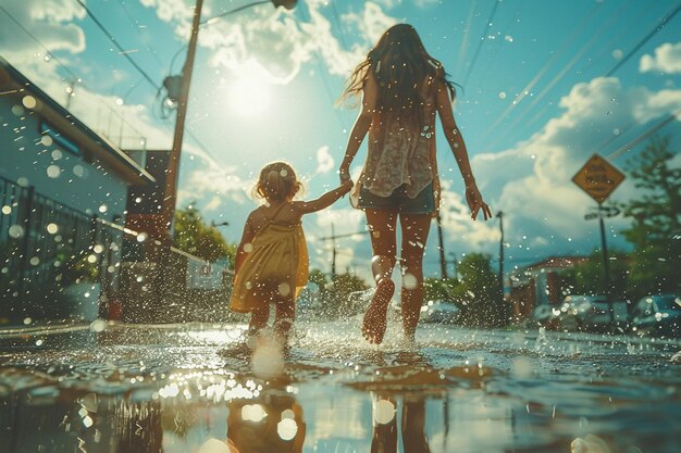 Foto moeder en dochter spetteren in een plas water.