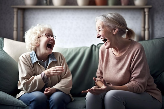 Moeder en dochter volwassen en oud lachen op de bank en vertellen verhalen die Ai heeft gegenereerd