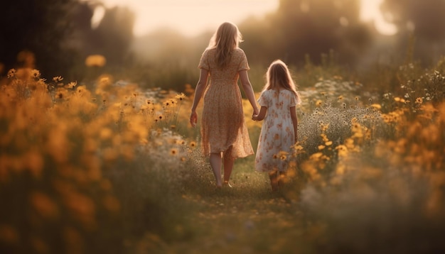 Moeder en dochter wandelen in de weide en genieten van herfstschoonheid gegenereerd door kunstmatige intelligentie