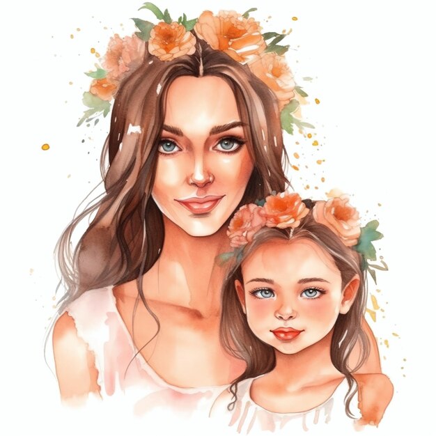 moeder en dochters aquarel clipart bloemen schattig