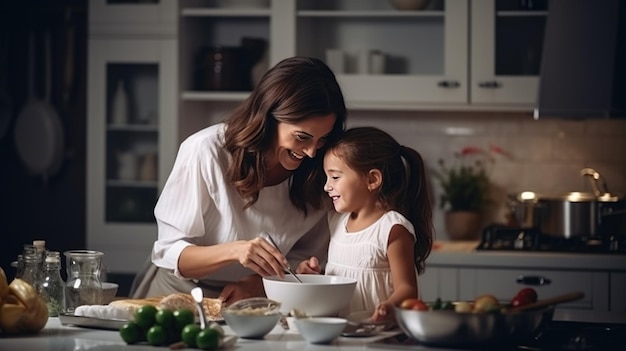 moeder en haar dochtertje koken samen in de keuken