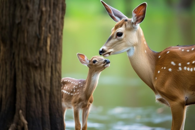 Foto moeder en jonge dieren in een speels moment