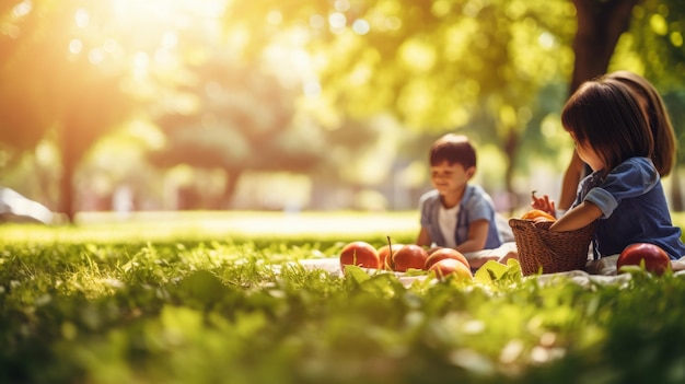 Moeder en kind hebben een picknick in het park op een zonnige dag met een wazige achtergrond