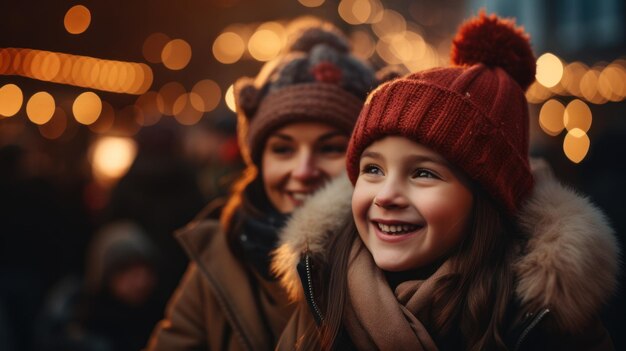 Moeder en kind hebben geweldige tijd op de traditionele kerstmarkt op winteravond