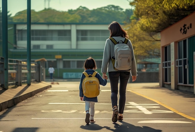 moeder en kind lopen naar school