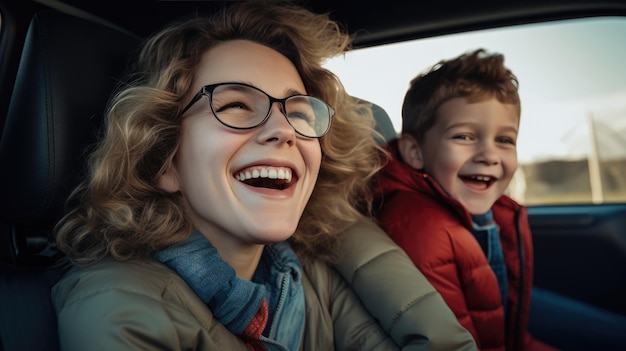 Moeder en kind rijden in de auto en lachen breed terwijl ze reizen Gemaakt met generatieve AI-technologie