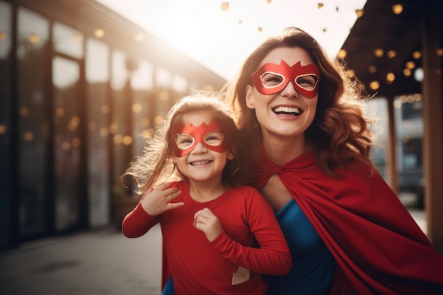 Moeder en kind spelen samen in superheldenkostuum en hebben plezier Familievakantie en saamhorigheid