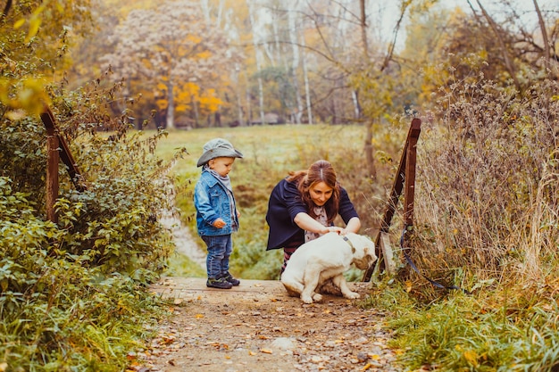 Moeder en kleine jongen wandelen met de hond in het herfstpark