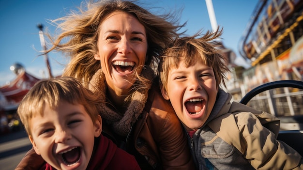 Moeder en twee kinderen rijden in een achtbaan in een pretpark of kermis. Ervaar opwinding, geluk, gelach