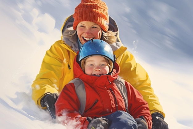 Moeder en zoon die plezier hebben in de sneeuw Gelukkige familie die plezier heeft in de open lucht