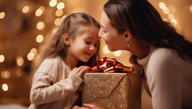 Moeder geeft een cadeau aan haar kind op oudejaarsavond of Kerstmis