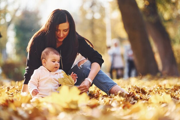 Moeder in vrijetijdskleding met haar kind is in het prachtige herfstpark.