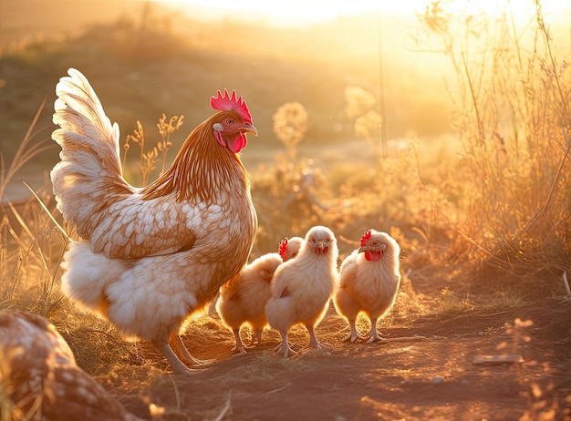 Moeder kip met kippen in een landelijke tuin Kippen in een grasveld in het dorp tegen de zon foto's