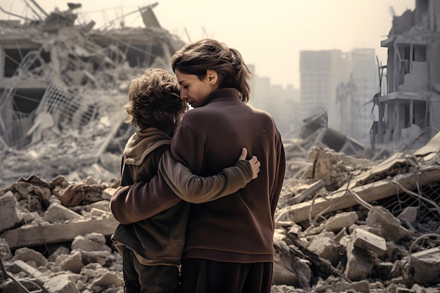 Moeder knuffelt een zoon op de achtergrond van een verwoest woningbouwconcept Oorlog en natuurramp