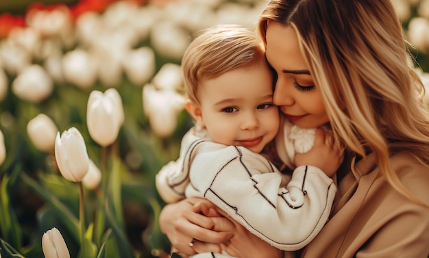 Foto moeder knuffelt haar zoon met tulpen en moeder kust hem