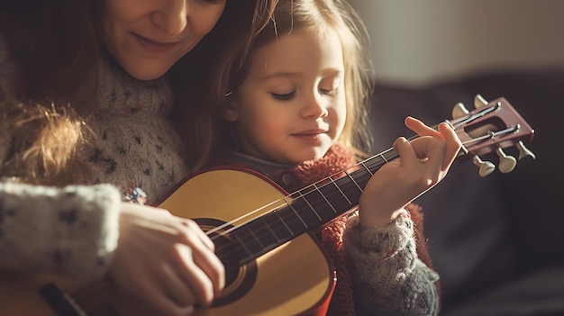 Moeder leert haar dochtertje gitaar spelenGemaakt met generatieve AI-technologie