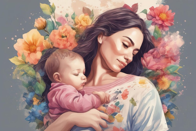 moeder met baby in een prachtige bloemenkrans aquarel schilderij illustratie