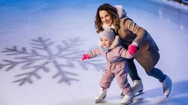 Moeder met dochter die schaatsen leert op een ijsbaan