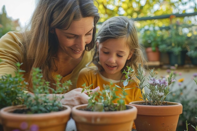 Moeder met een meisje die kruiden plant in de achtertuin