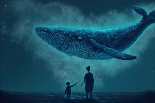 Moeder met haar kind Moeder en dochter kijken naar de walvis met blauw licht dat in de nachtelijke hemel vliegt Digitale kunststijl illustratie schilderij