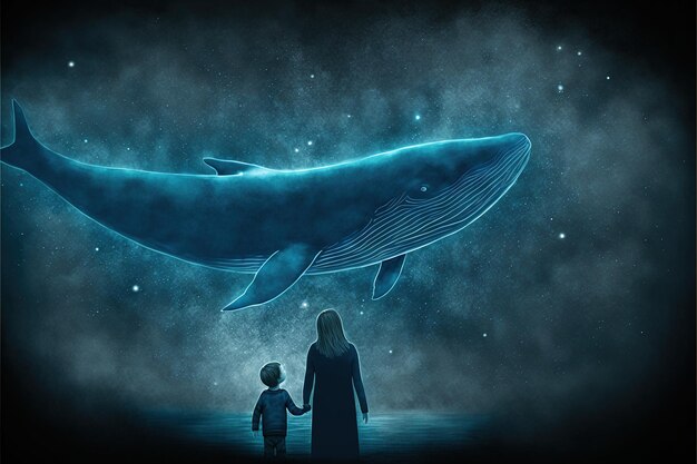Moeder met haar kind Moeder en dochter kijken naar de walvis met blauw licht dat in de nachtelijke hemel vliegt Digitale kunststijl illustratie schilderij