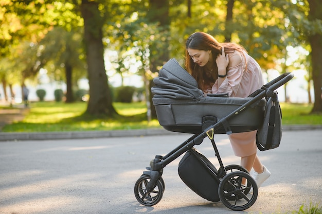 Moeder met kinderwagen in het park