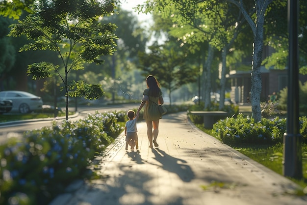 Moeder neemt haar baby mee naar het park.