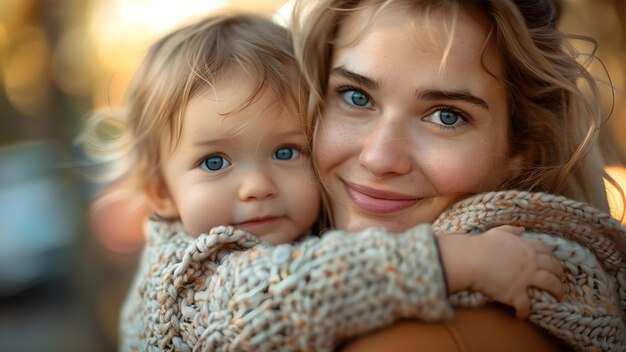 Moeder omhelst kind met hartelijke boodschap op Moedersdag afbeelding Concept Family Portrait Omhelzing Liefde Hartelijke boodschap Moedersdag Speciale band