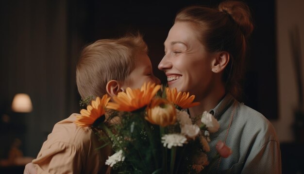 Moeder ontvangt een boeket bloemen van haar kind met een stralende glimlach Moederdag Generatieve AI