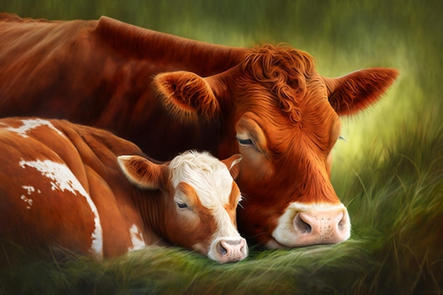 Moeder rode koe en kalf slapen op een weiland van dichtbij Generatieve Ai
