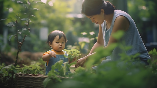 Moeder toont haar dochter hoe ze voor de tuin en planten moet zorgen