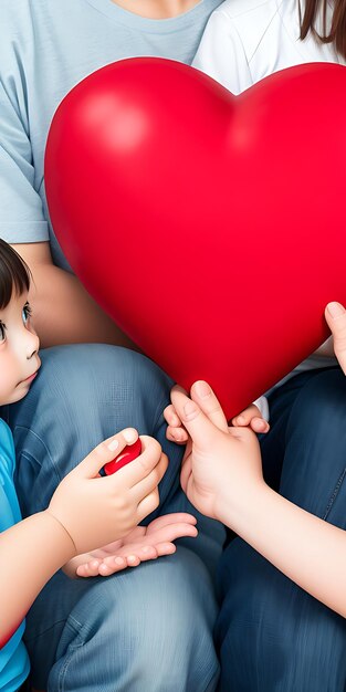Moeder, vader en kinderen houden allemaal samen een klein rood hartje in hun handen Bovenaanzicht van dichtbij