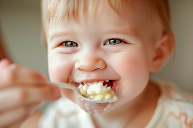 Moeder voedt glimlachende baby melk pap met een lepel