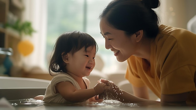 Moeder wast dochtertje in de badkamerGemaakt met generatieve AI-technologie