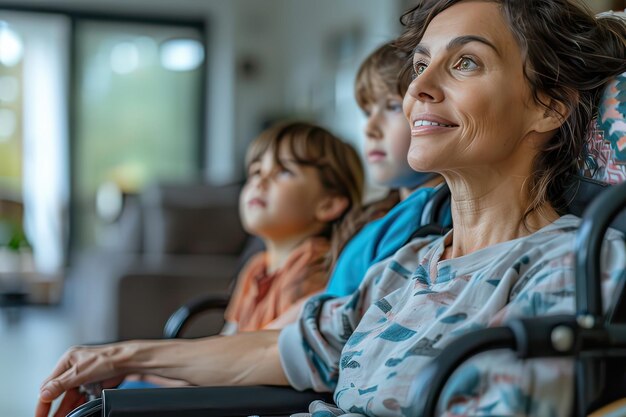 Moeder zit in een rolstoel en kijkt televisie met haar kinderen Generatieve AI