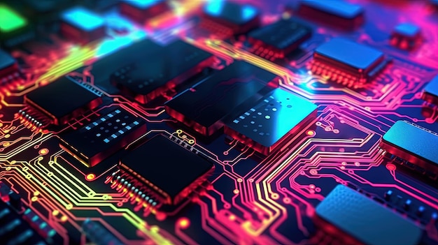 Moederbord met chips en verbindingen in paarse en blauwe neonlichten Technische achtergrond met microchips op hardwareprintplaat Gegenereerde AI