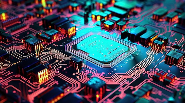 Moederbord met chips en verbindingen in paarse en blauwe neonlichten Technologische achtergrond met microchips op hardware circuitboard