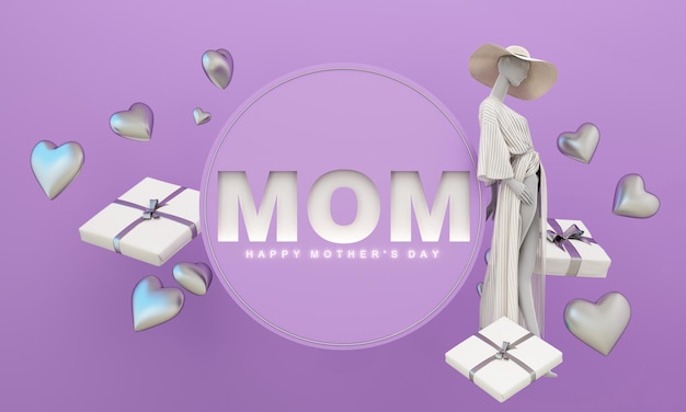 Foto moederdag groetkaart dag van de liefde met reclame ruimte en promoties met vrouwen items in paarse en roze tonen 3d rendering